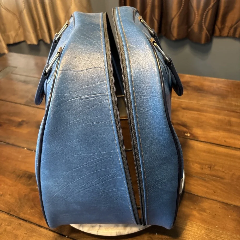 VTG 70s Blue Black Vinyl Brunswick Bowling Ball Bag Rack & Working Zippers